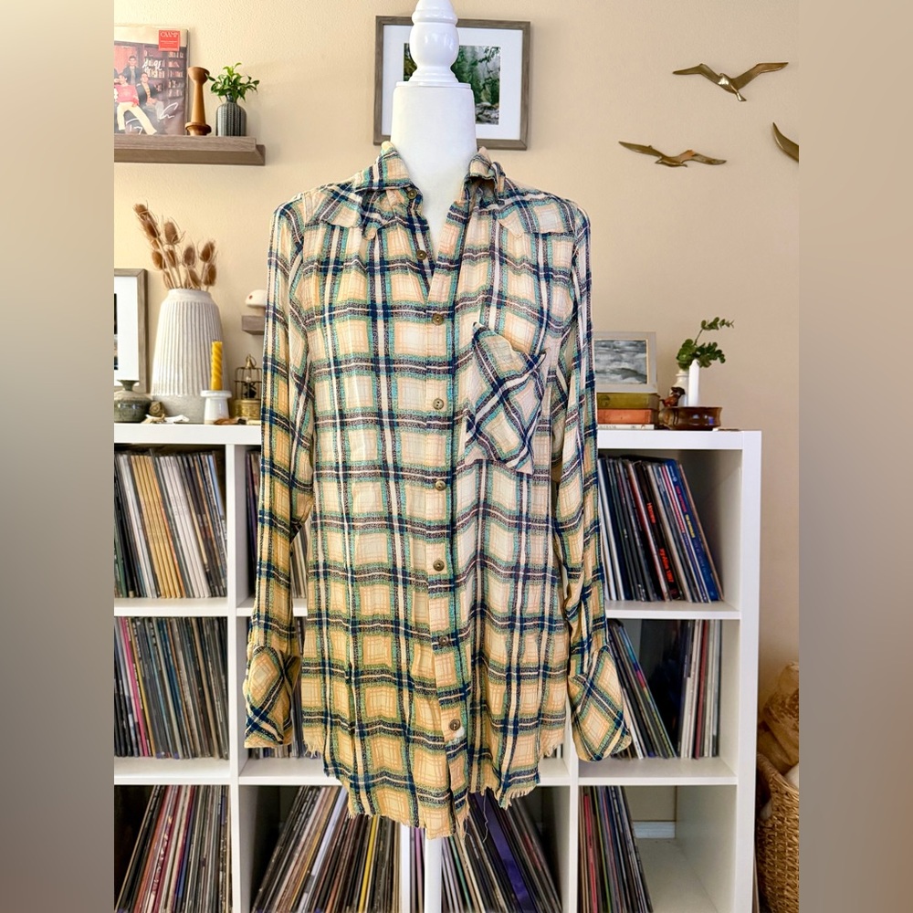 Free People One Size XS Oversized Rayon Button Down Tunic Grunge Plaid Shirt